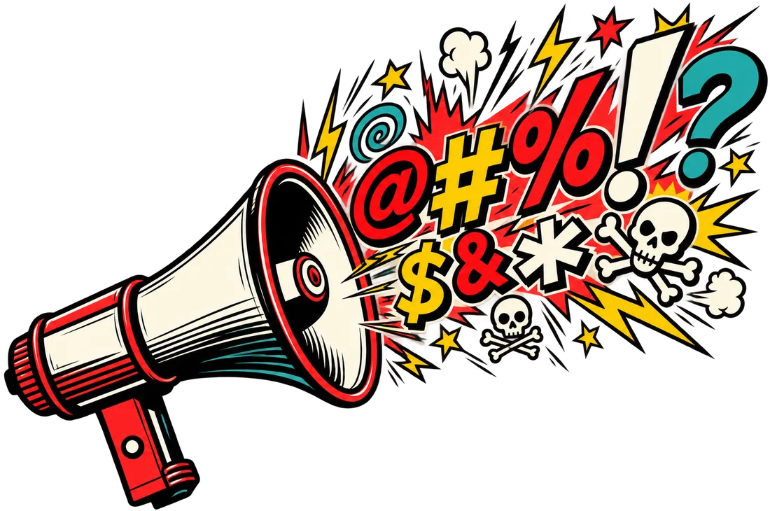 Un mégaphone qui crache des injures : @ # % ! $ & *, des éclairs, des étoiles et des têtes de mort